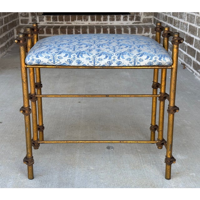 Metal Vintage Gilt Rope Metal Vanity Stool in Fortuny Richelieu Fabric For Sale - Image 7 of 18