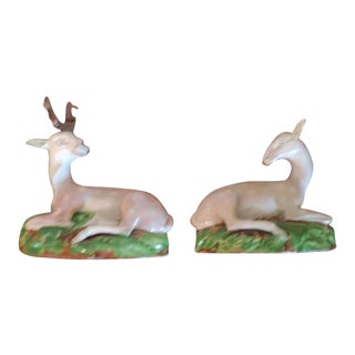 18th Century English Staffordshire Pearlware Models of Recumbent Deer Doe & Buck - a Pair For Sale