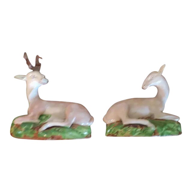 18th Century English Staffordshire Pearlware Models of Recumbent Deer Doe & Buck - a Pair For Sale