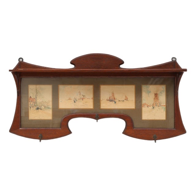 Art Nouveau Wall-Mounted Coat Rack with Framed Watercolors from Cassier, Belgium, 1905 For Sale