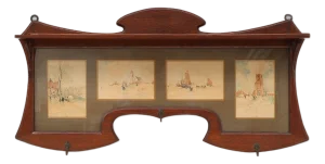 Art Nouveau Wall-Mounted Coat Rack with Framed Watercolors from Cassier, Belgium, 1905