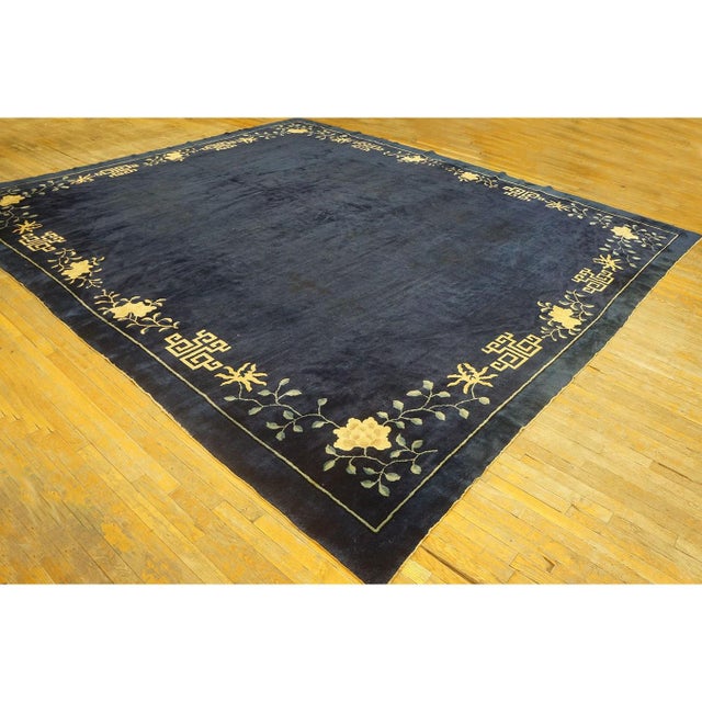 Late 19th Century 1890s Minimalist Open Field Antique Chinese Peking Navy Blue Room Size Wool Rug For Sale - Image 5 of 9