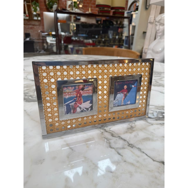 Wood Vintage Chrome & Cane Double Photo Frame For Sale - Image 7 of 7