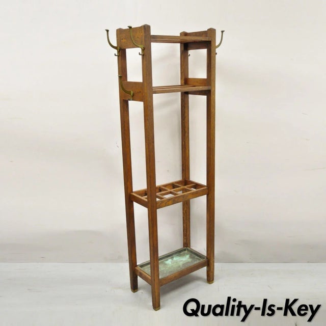 Antique Mission Oak Arts & Crafts Coat Hook Hall Tree Umbrella Stand For Sale - Image 13 of 13