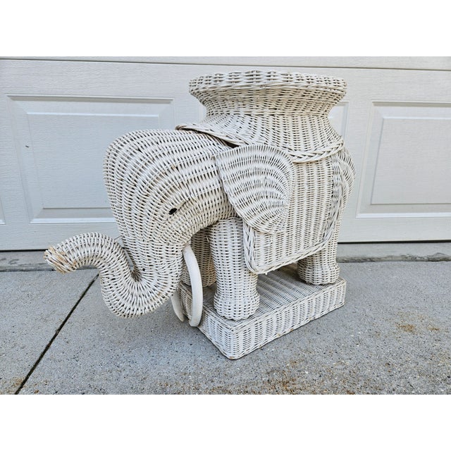 Mid-Century Modern White Wicker Elephant With Tusks Side Table For Sale - Image 3 of 13