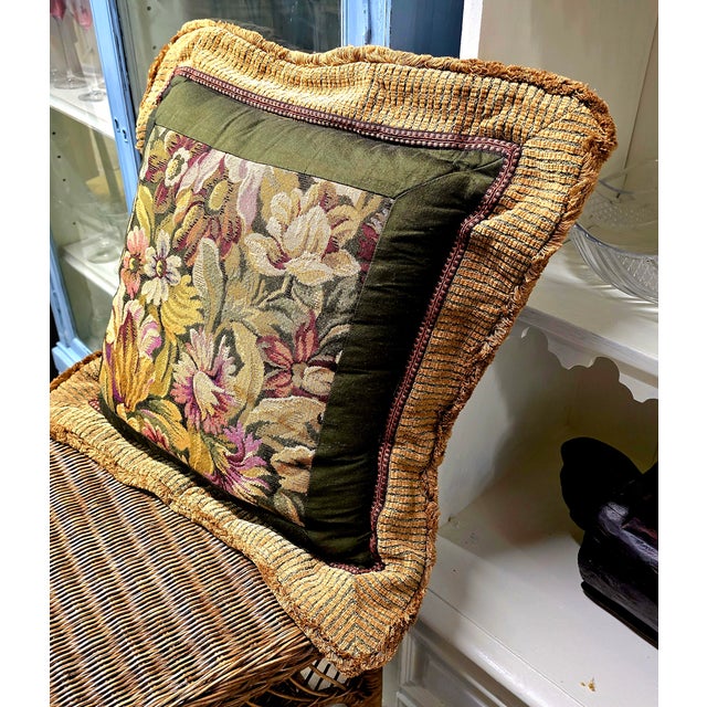 Green Floral AubussonThrow Pillow For Sale - Image 8 of 9