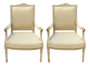 Antique French Carved Fruitwood Louis XVI Style Bergere in Neutral Linen - Pair