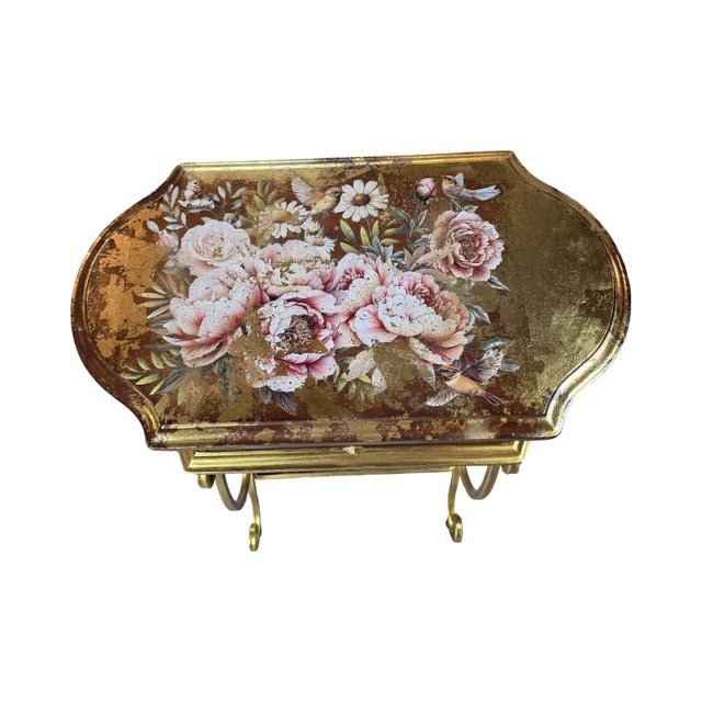 One-of-a-Kind Vintage Accent Table With 18k Gold Foil, Hand-Painted Floral & Bird Motif For Sale - Image 9 of 10