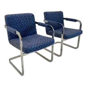 Mid 20th Century Milo Baughman Chrome and Blue Chairs - a Pair