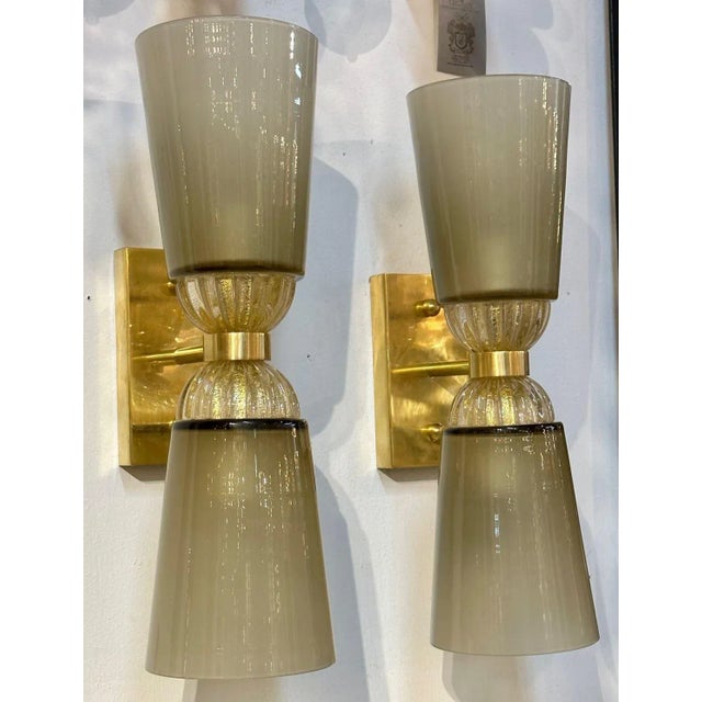 Gray Pair of Modern Murano Glass and Brass Double Cone Sconces For Sale - Image 8 of 8