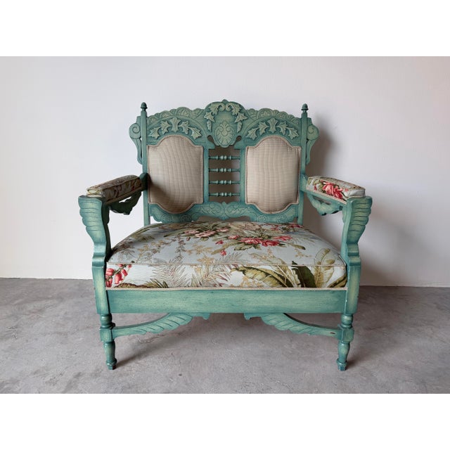1970’s Palm Beach Victorian–Style Carved Wood Turquoise Painted Loveseat by Sherrill Furniture For Sale - Image 10 of 10