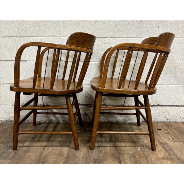 Antique Barrel Back Oak Pub Chairs Captain’s Chairs - Pair For Sale In Kansas City - Image 6 of 11