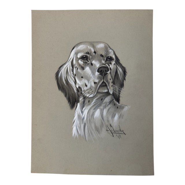 1940s Original Signed Graphite Illustration of English Setter Dog Portrait, 11 × 8.25 In. For Sale