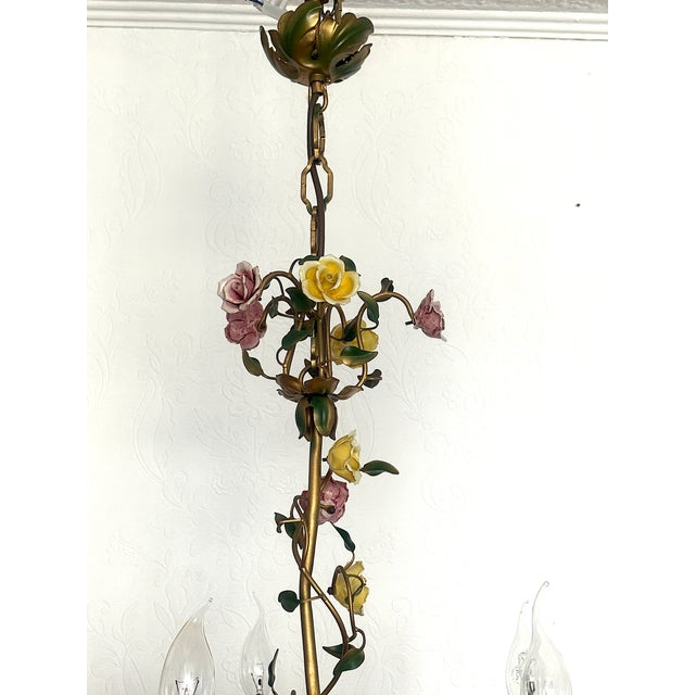Italian Metal and Porcelain Flower Chandelier, 1940s For Sale - Image 9 of 17
