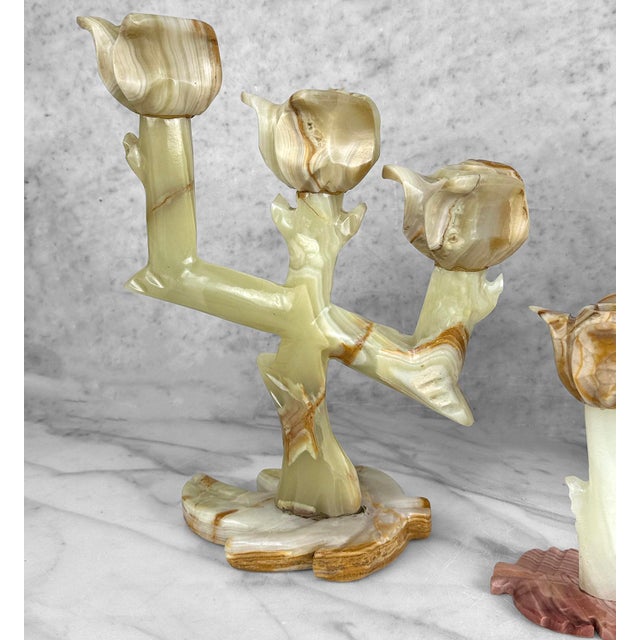 Vintage Italian Onyx Stone Tulip Candelabra Candlestick Holders - Set of 3 For Sale - Image 6 of 11