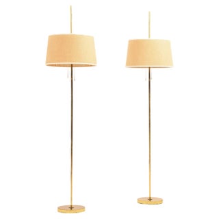 Floor Lamps in Brass and Original Lamp Shades attributed to Hans-Agne Jakobsson, 1950s For Sale