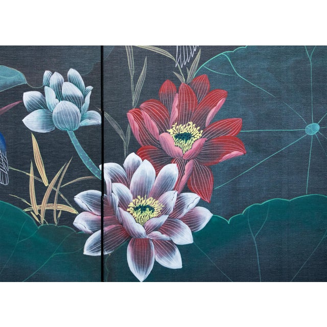 Charcoal 1970s Chinoiserie Painted Silk Screen "Hummingbirds and Lotus" For Sale - Image 8 of 18