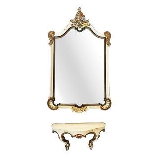 Mid-Century Italian Baroque Style Cream and Gilt Crackled Mirror and Wall Console, 1950s, Set of 2 For Sale