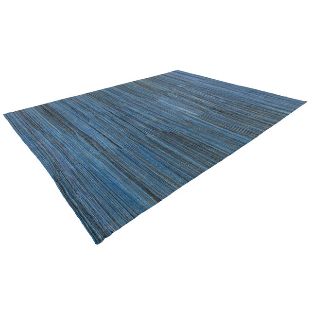 Modern Handmade Flat-Weave Kilim Wool Rug in Indigo & Charcoal Abrash 9x12 For Sale - Image 10 of 12