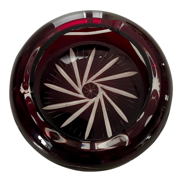 Vintage Mid-Century Bohemian Cut to Clear Ruby Crystal Ashtray For Sale