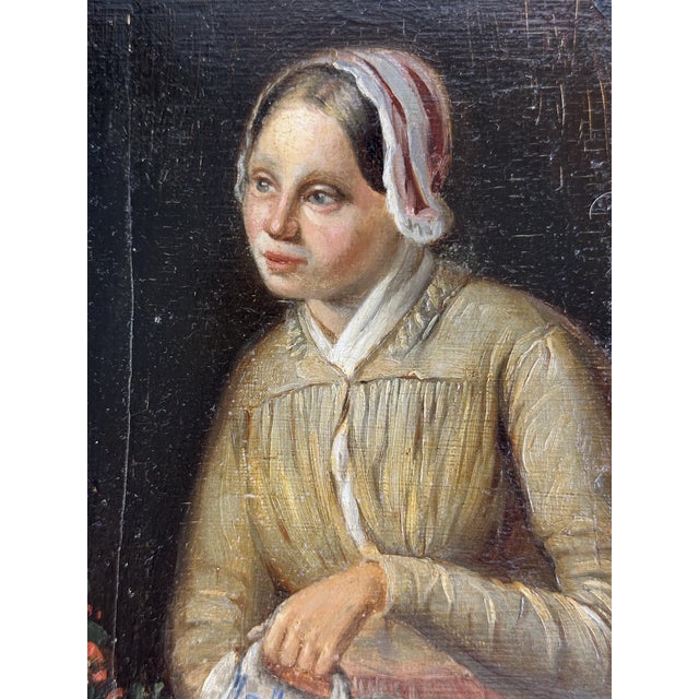 Wood Girl by the Window with Delft Jug, 1750, Oil & Wood For Sale - Image 7 of 9