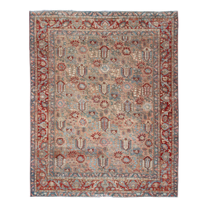 Antique Persian Bakhtiari Rug Featuring Repeating Floral Motifs and Rich Red