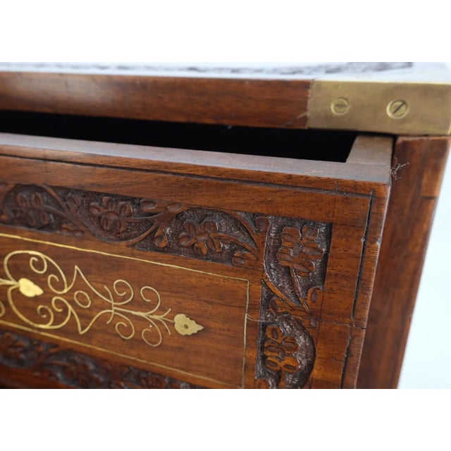 Pair 3 Drawer Solid Rosewood Campaign Style Brass Inlay Decorated Night Stands For Sale - Image 12 of 13