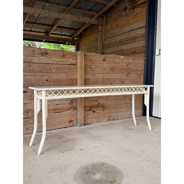 Monumental Vintage Coastal Boho Rattan Console Table With Lattice Detail For Sale - Image 11 of 12