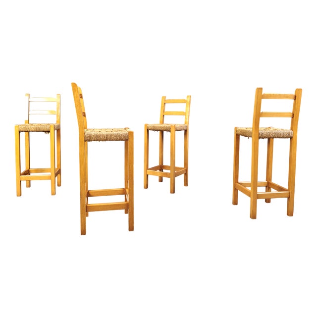 Vintage Oak and Papercord Bar Stools, 1960s, Set of 4 For Sale