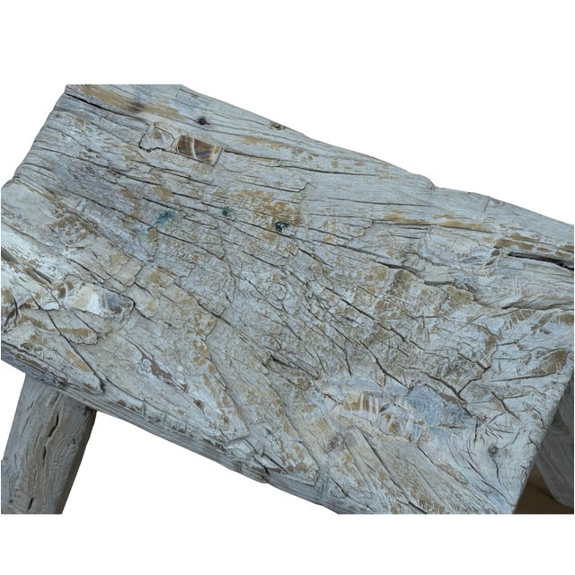 Tan Rustic Raw Rough Wood Grain Rectangle Slim Stool Bench Side Table For Sale - Image 8 of 8