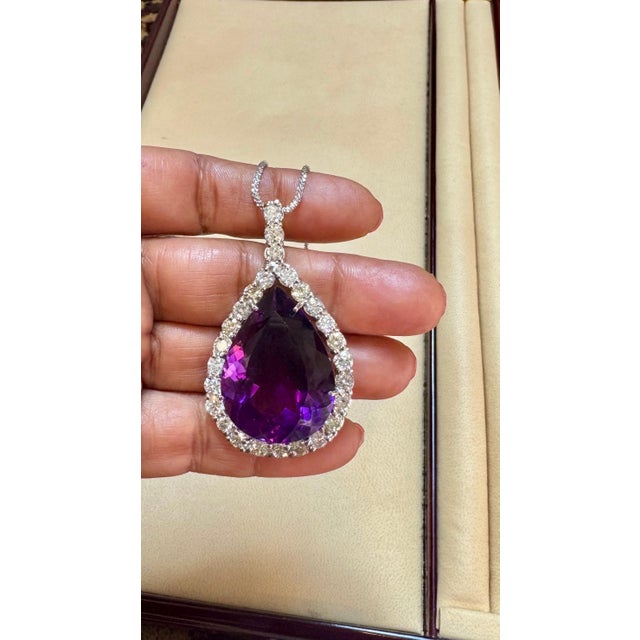 65 Carat Amethyst & 8.5 ct Diamond Pendant Necklace 14 Karat White Gold + Chain For Sale - Image 4 of 18