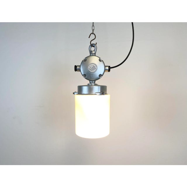 Metal Industrial Aluminium & Milk Glass Ceiling Lamp, 1970s For Sale - Image 7 of 11