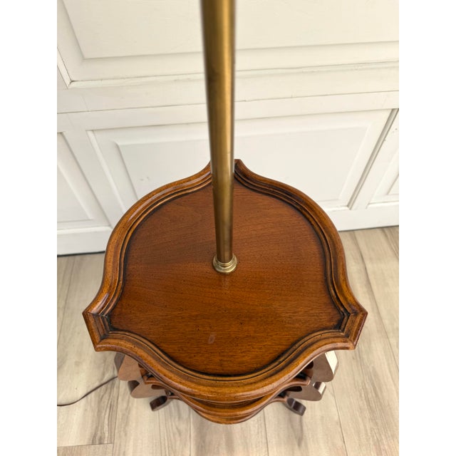 Wood Mid 20th Century Tiered Wood Floor Lamp With Ornate Gold Filigree Shade For Sale - Image 7 of 12
