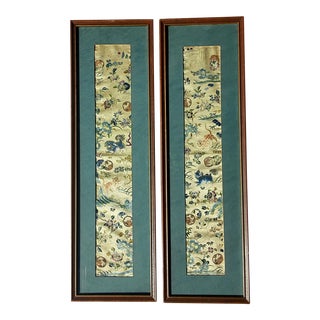 Antique Chinese Hand Embroidered Framed Textile Art Tapestry - Set of 2 For Sale