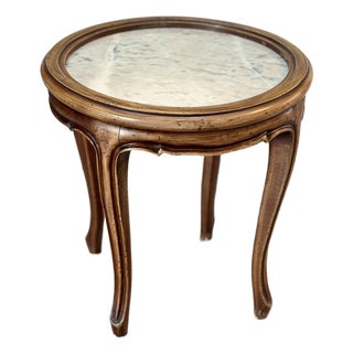 1990s French Carved Wood and Marble Top Round Side Table For Sale