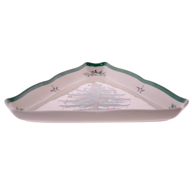 Large 11 inch vintage Spode of England Christmas Tree pattern fine china tray in a triangular shape accenting the green,...