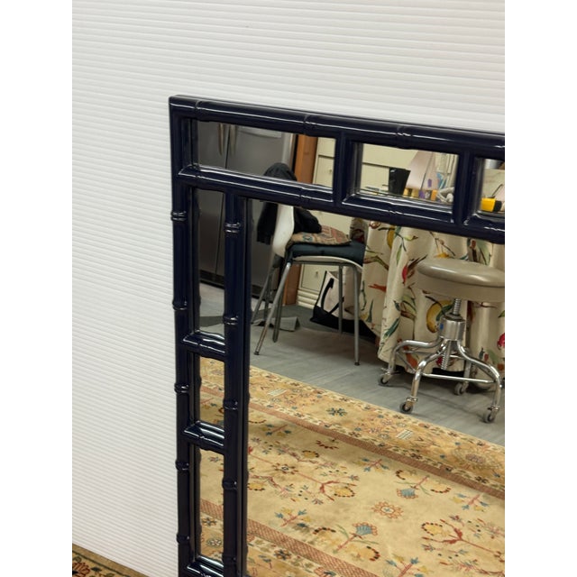 Navy Blue Chinoiserie Lacquered Faux Bamboo Wall Mirror, Navy For Sale - Image 8 of 12