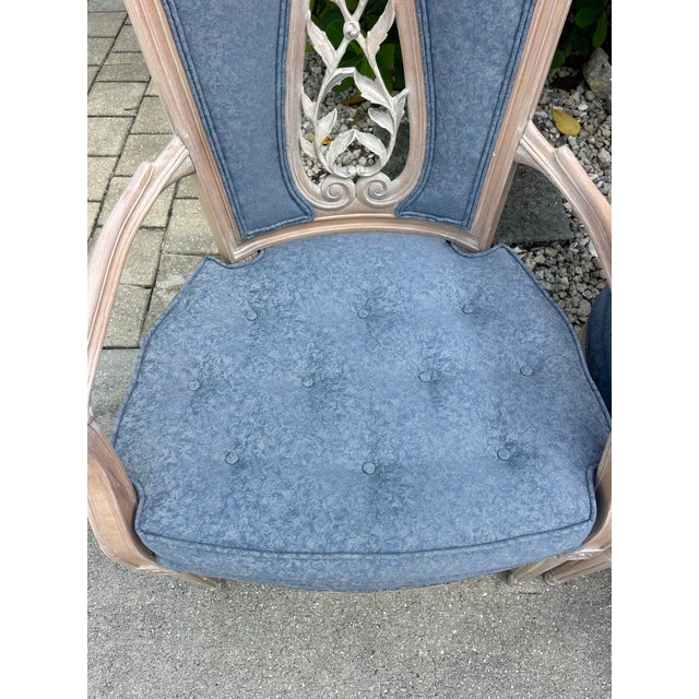 Vintage French Provincial Cerused Carved Open Back Armchairs – A Pair For Sale - Image 13 of 15