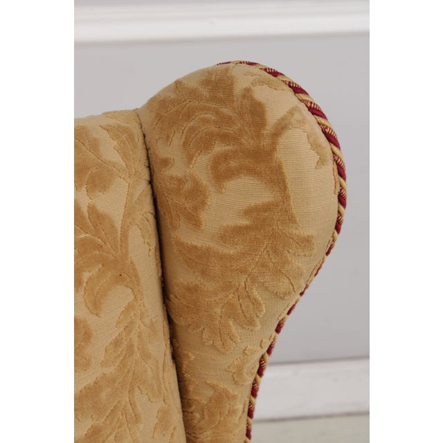 Pair French Oak Carved Wing Back Damask Chairs For Sale - Image 15 of 18