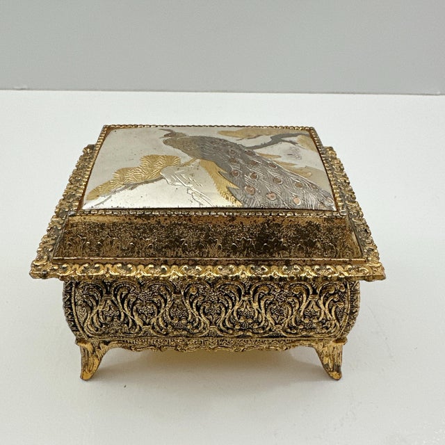Gold Vintage Japanese Chokin Jewelry Box, Peacock Trinket Box, Gilded Metal Keepsake Box, Made in Japan, Gold Tone Vanity Decor For Sale - Image 8 of 12