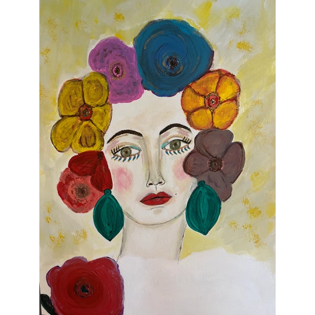 A contemporary abstract painting of a woman with large flowers in her hair. She is poised for what looks like an editorial...
