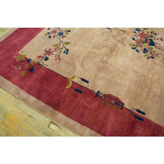 Ecru 1920s Tan Ecru Flowers Spray Modern Antique Chinese Art Deco Carpet 8' 11'' X 11' 7" Woven Wool Rug For Sale - Image 8 of 9