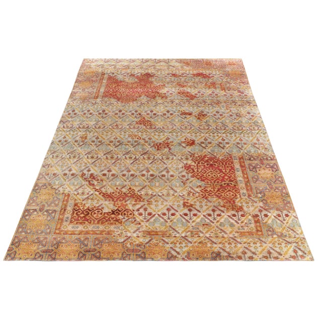 Transitional Rug & Kilim’s Hand-Knotted Floral Rug in Red, Gold, Blue Geometric Pattern For Sale - Image 3 of 7