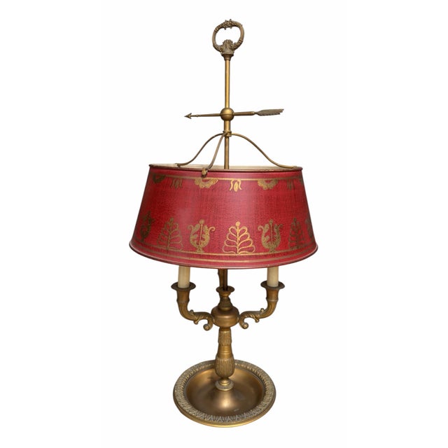 Regency Style French Bouillette Red Tools & Brass Table Lamp.