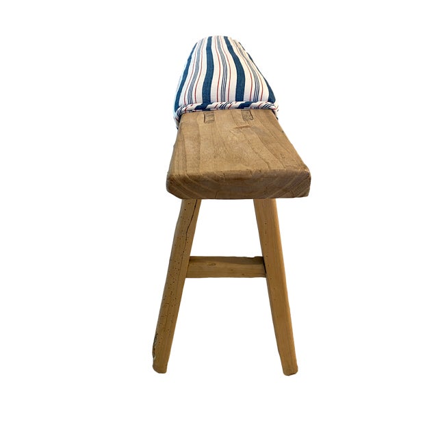 Wood Rustic Em Long Bench W/French Ticking Upholstery For Sale - Image 7 of 10