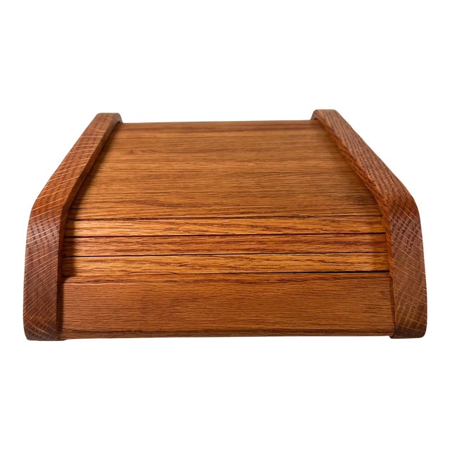1980s Rich Oak Wood Tambour Door Sectioned Organizer Box For Sale