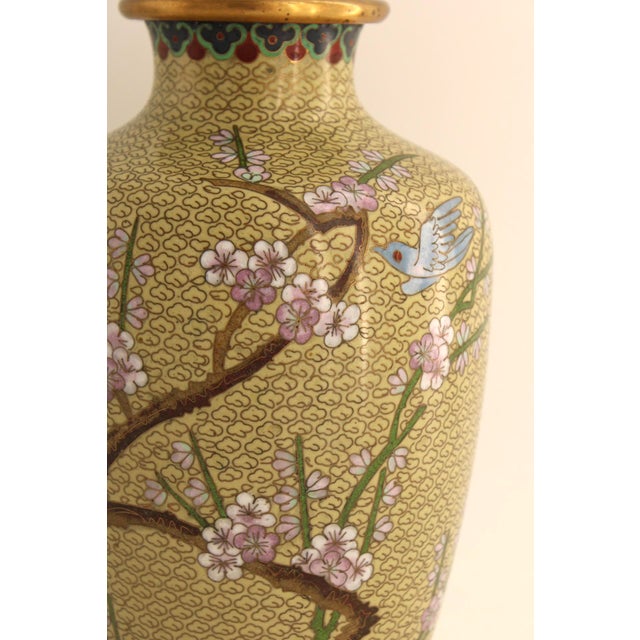 1970s VTG Large Chinese Cloisonne Enamel Baluster Vase Yellow Cloud Scroll Ground, 12” For Sale - Image 5 of 7