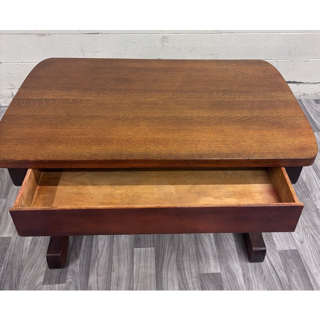 Antique Mission Oak Trestle Pedestal Base Library Table Console Hall Table For Sale - Image 9 of 14