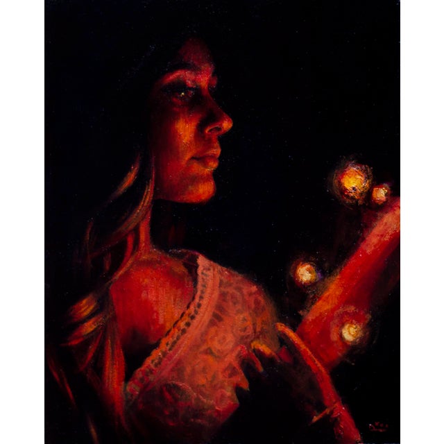 Ghost by Daire Lynch | Oil on arches paper Portrait of a woman in dim light with glowing orbs. For Sale