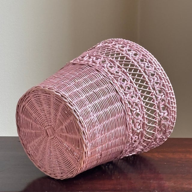 Mid 20th Century Mid-20th Century Bubble Gum Pink Wicker Wastebasket For Sale - Image 5 of 17